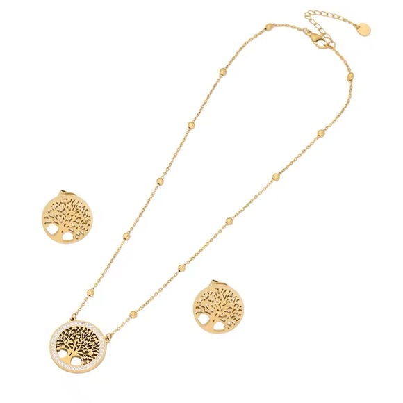 Tree Of Life Golden Necklace Earrings Set With Zirconia. Stainless Steel - Picture 4 of 10
